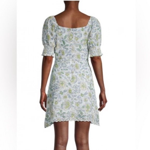 Avec Les Filles Floral Eyelet Puff Sleeve Mini Dress Size Medium Blue Green - Picture 4 of 10